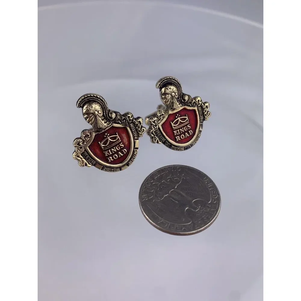Kings Road Gold Tone Cufflinks Dictum Meum Pactum Red Shield Knight Vintage